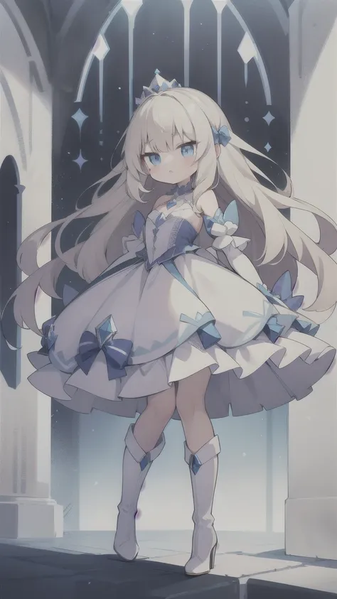 Platinum blonde long hair,Princess Knight,Soft and fluffy,Teenage Girl,blue eyes,White Dress,long high heel boots