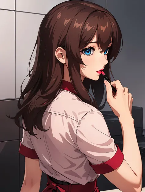 bangs,brown_hair, long_hair,red eyes,lipstick,makeup,
break (white skirt, red ribbon, pink shirt, pleated skirt, bangs, neck rib...