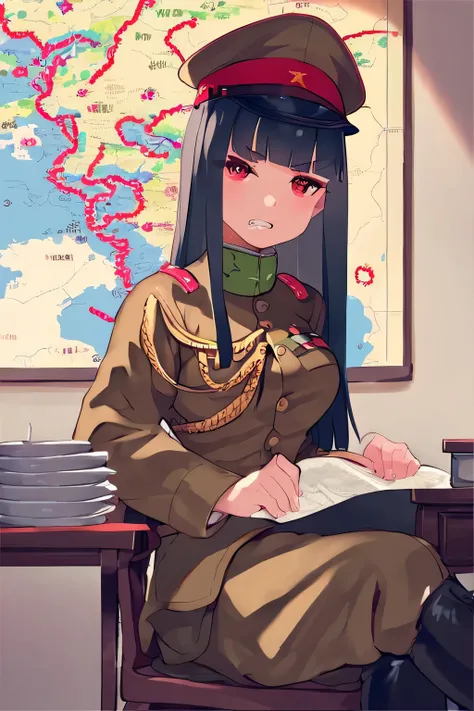 score_10,score_9,score_8_up,score_7_up,score_6_up,indoors,map on wall,1girl,solo,chin_stroking,medium breasts,breasts,black hair,long hair,blunt bangs,hime cut,boots,imperial_japanese_army,sitting,military_hat,IJA Showa,peaked cap,khaki uniform,brown boots...