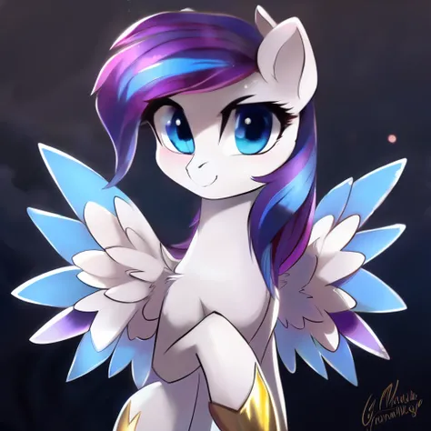 My little pony,pegasus guard, female,feather with the wind,lightning, the flying horseshoe, Dark grayish phthalo blue colored mane, Shiny gold color coat, Moderate purple eyes,Cutimark= bear Paw,dark fantasy aesthetics, one full length, without items of cl...