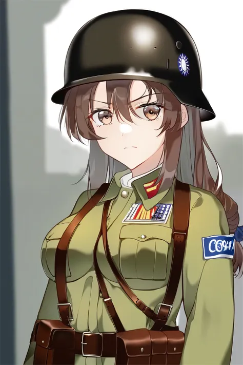 fraction_9,fraction_8_direction_7_up,album，art books,game cg,1 girl,solitary,uniform,army_,army, brown hair, long hair, hair bet...