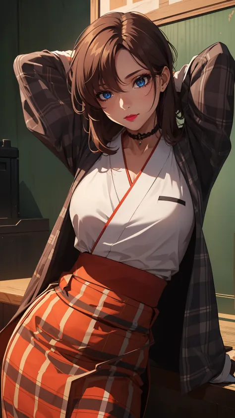 bangs,brown_hair, long_hair,red eyes,lipstick,makeup,
BREAK (lace choker, plaid, japanese clothes, (checkered kimono:1.1), wide sleeves, fishnet gloves, hakama skirt:1.2)
BREAK (((arms behind head))), (((leaning back))), (((cowboy shot))),
BREAK (masterpie...