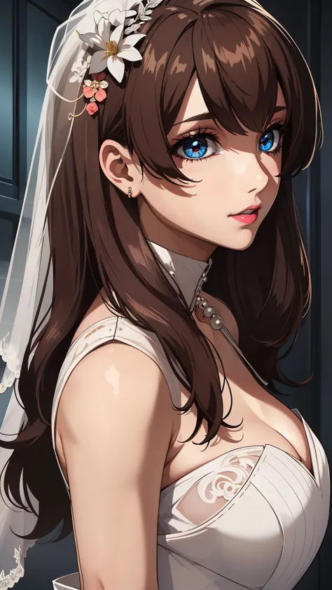 bangs,brown_hair, long_hair,red eyes,lipstick,makeup,
break (wedding dress:1.2)
break crotch rope walking, (beads:1), from side,...