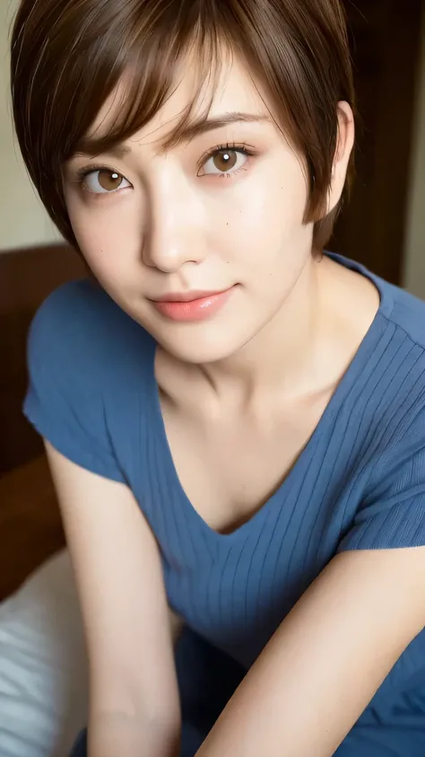 ((highest quality, 8k, masterpiece: 1.3)), 1 female, Japanese Mature,Sensual beauty: 1.3, (Hairstyle Brown Hair Pixie Cut: 1.2), Nightwear: 1.1, Super slender face, Delicate eyes, double eyelid, Dimples,Mole, Home,relax,smile,Plump body,very thick legs,