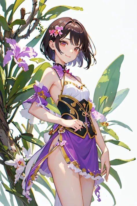 (highest quality、High resolution、masterpiece)、4K Anime Art、((Cattleya, Three Flowers, close, whole body, full bloom, ))、(Fairy、Short Hair、A kind smile、Small breasts)、Soft Focus、((Sargent-style watercolor))、((White Background))、(No background)、Blur the back...