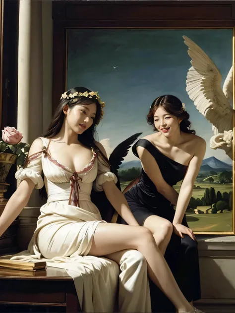 Female angel with two white wing,full body portrait or statue、Sandro Botticelli painting style,Arguments of two female Philosophe,math、astronomical machine、astronaut、roses in vase、fruits、Cute trinkets、smile、ancient greek costume、Ancient Roman landscape in ...