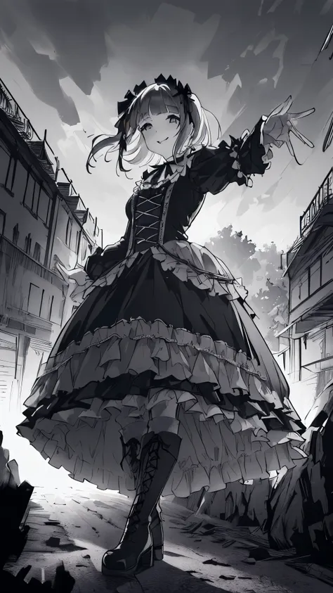 (((top quality ultra detail,unity 8k))),(((grayscale,black and white))),(gothic lolita:1.2),long dress,lace-up boots,smile,wide ...