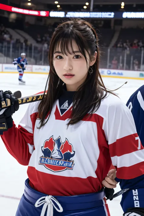 (8k, RAW Photos,highest quality, High resolution:1.1), (Super realistic:1.4),(Realistic, Realistic:1.3),Japanese beauty、Upper Body、Hockey Team - protective hockey gear and jerseys.