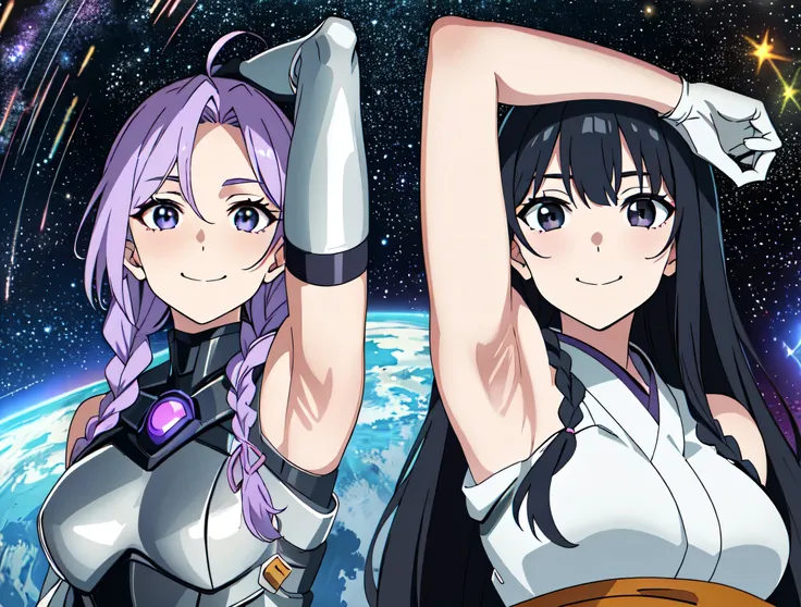 2girls, planet behind, (purple white gradient long hair:1.2), braids, (twin braids:1.1), long braids, big braids, ahoge, (purple eyes:1.1), light purple gloving, medium breasts, bodysuit, armored armored bodysuit, futuristic bodysuit, sleeveless, white and...