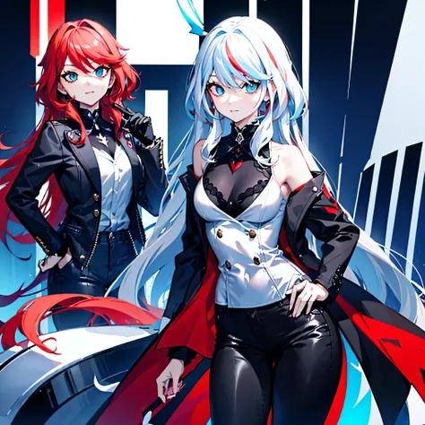 (two persona) furina. red-haired woman with green eyes, long hair, a  black blouse, a red jacket, and dark tight pants.