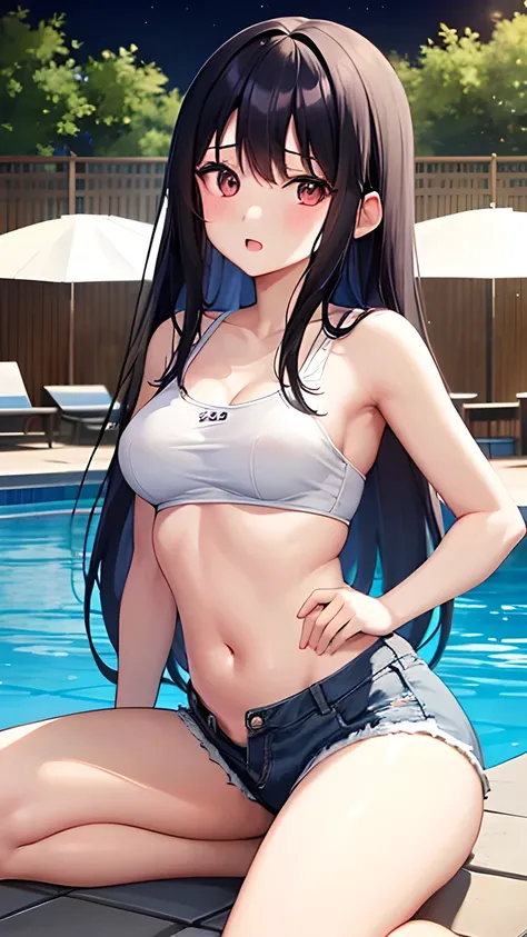 anime、Black Hair、long hair、Small breasts、20years old、White bra、Shorts、one person、Night Pool, fat