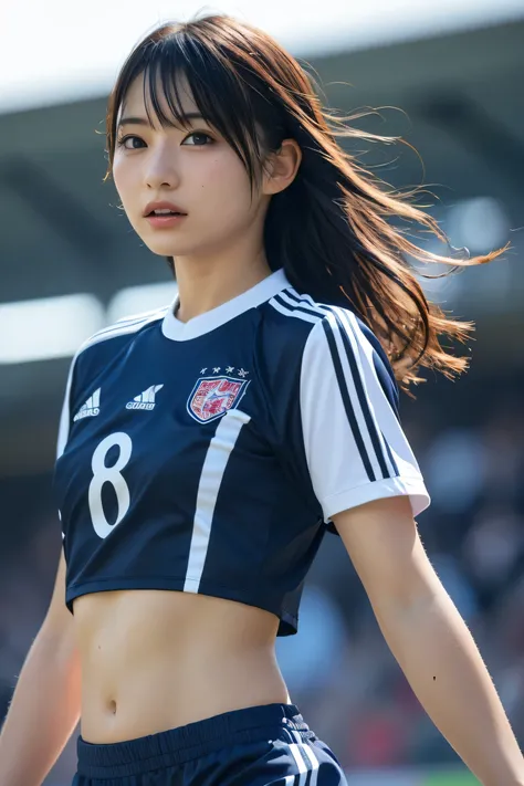 (8k, RAW Photos,highest quality, High resolution:1.1), (Super realistic:1.4),(Realistic, Realistic:1.3),Japanese beauty.((Upper Body:1.3))、Soccer Team - sleek soccer jerseys and comfortable shorts.