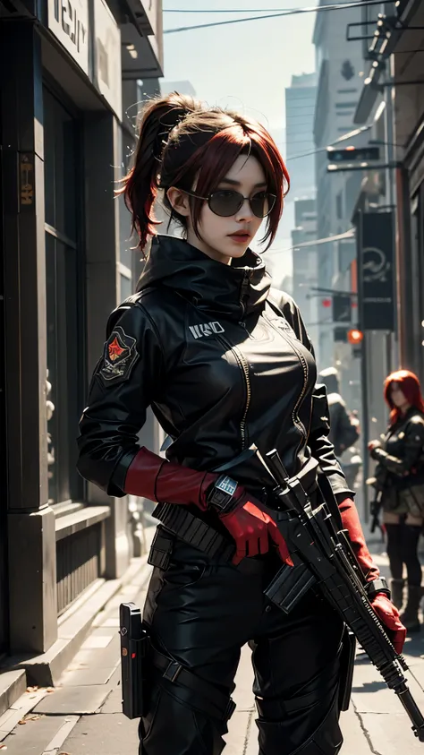 8K, UHD, masterpiece, 1 girl, detailed face, smart face, sunglasses, detailed eyes, sniper rifle in hand, battlefeild, call of duty cosplay, ((call of duty modern warfare 3)), ((ghost tribe)), ((red cosplay:1.5)), belts, gun, methic gun, futuristic art, cy...