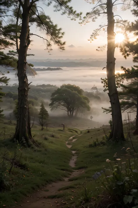 (best quality, masterpiece:1.2), detailed, Landscape, dawn, fog, mysterious, forest, vivid colors, soft lighting, serene atmosphere, tranquil mood, hazy silhouette, gentle brushstrokes, ((wodden cabbet in the forst))