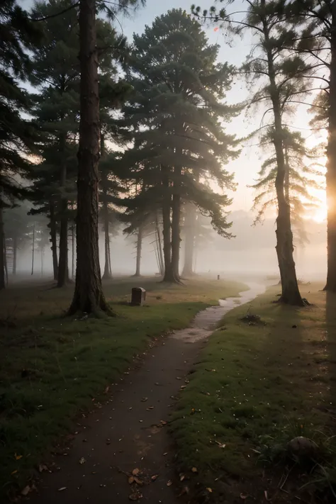 (best quality, masterpiece:1.2), detailed, Landscape, dawn, fog, mysterious, forest, vivid colors, soft lighting, serene atmosphere, tranquil mood, hazy silhouette, gentle brushstrokes, ((wodden cabbet in the forst))