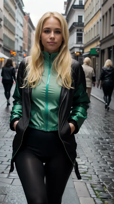 (Eine Frau namens Lara Bauer, ((She is a 22 year old woman, She has beautiful shoulder-length (((blondes Haar))), (Gelb Braun! blonde! Haar), glattes haar, ))), she walks through the pedestrian zone in Wiesbaden on a rainy day. she runs away from the camer...