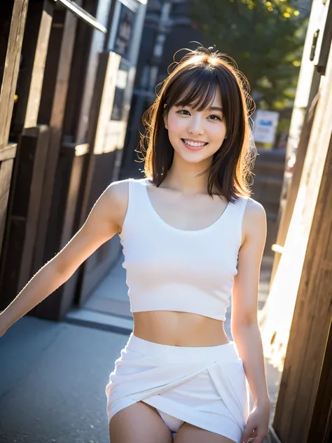 Highest quality, masterpiece, Ultra-high resolution, 8K, born, (Photorealistic:1.4), Professional lighting, Low - Angle, 1 girl, (Background details:1.5), Tokyo Shibuya Street, whole body, slender, Dynamic Pose, cute, smile, Small breasts, Detailed clothin...