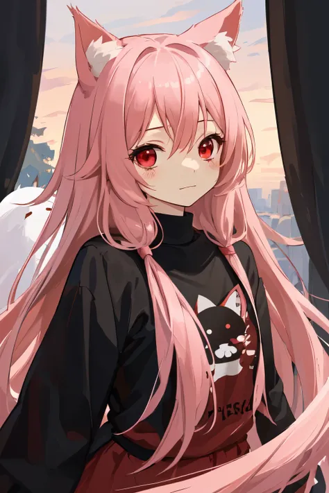 Absurd, One girl, Red eyes, Animal Ears, Long Hair, Pink Hair, Eyes Wide Open, eyelash, View Viewer, twitchemotional expression, Upper Body, Beautiful background, shirt, Little, emotional expression, In-person audience, (:3:1.0), blush
