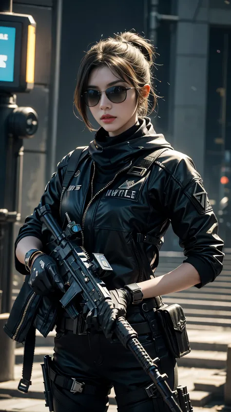 8K, UHD, masterpiece, 1 girl, detailed face, smart face, sunglasses, detailed eyes, sniper rifle in hand, battlefeild, call of duty cosplay, call of duty modern warfare 3, ((ghost tribe)), ((blue cosplay)), belts, gun, methic gun, futuristic art, cyberpunk...