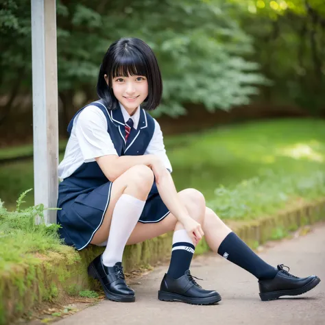 Japanese、Beauty、Black Hair、Bob Hair、18-year-old、high school student、whole body、Wearing knee-high socks、Real、high resolution、Color is uniform、Skin is natural