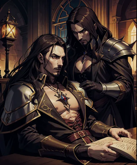 Castlevania Shadow Lord hiperrealista, Super detailed, Dynamic Shot, centerpiece of Lord Dracula discussing ancient manuscripts with hyper-realistic scholarly demons, grandes escenas