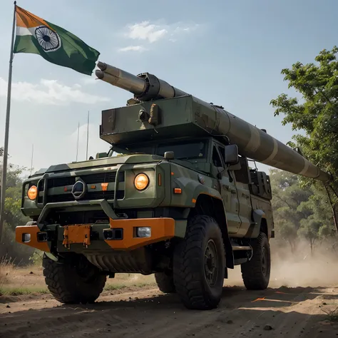 A series of large, pointed missiles are mounted on a military truck. The missiles are painted with the Indian flag colors - orange, white, and green - and feature the Ashoka Chakra emblem. Uniformed soldiers are standing near the vehicle in an outdoor sett...