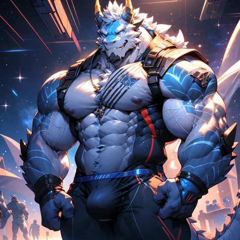 Muscular White Dragon, Pectoralis major, (bara pecs: 1.5), White Dragon,White beard,Heavyweight, Bodybuilder figure, Wearing cyberpunk mechs, (underwear: 1.1), (Crotch bulge: 1.3), View of the Milky Way from a spacecraft, In the Universe, Bright smile emot...