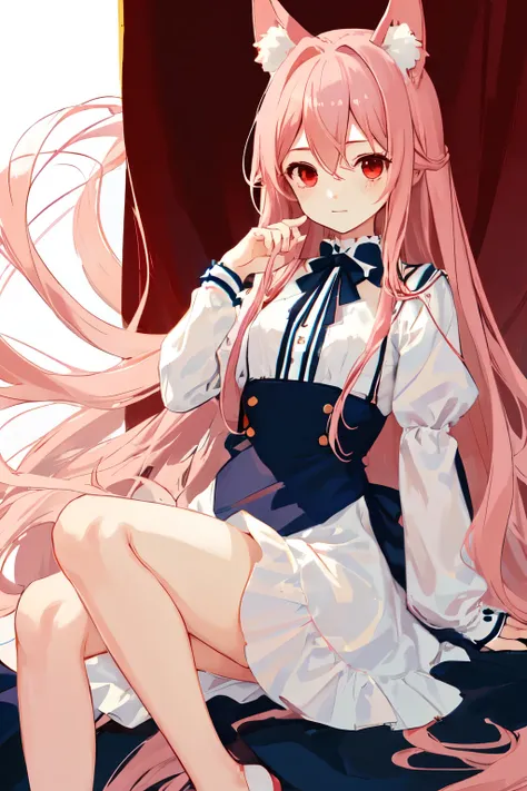 Absurd, One girl, Red eyes, Animal Ears, Long Hair, Pink Hair, Eyes Wide Open, eyelash, View Viewer, twitchemotional expression, Upper Body, Beautiful background, White and navy elegant dress, feet, Little, emotional expression, In-person audience, (:3:1.0...