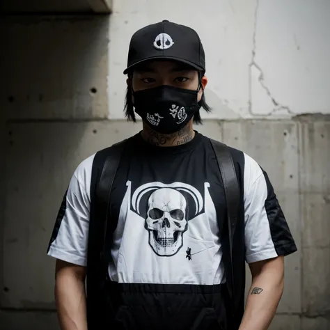 Make an realistic asian hiphop gangster holding a handgun and wearing a skull design mask