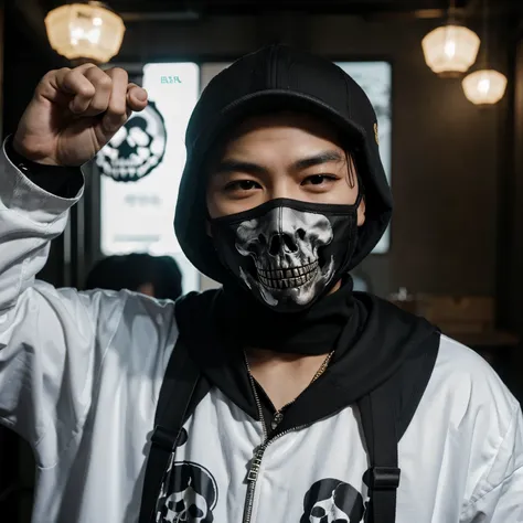 Make an realistic asian hiphop gangster holding a handgun and wearing a skull design mask