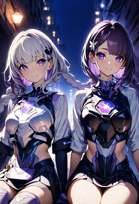 (highest quality:1.2, Very detailed, animeスタイル:1.4, anime, High Contrast, masterpiece:1.2, highest quality, Best aesthetics), Two Girls, Two girls sitting, sit side by side:1.2, (Girl on the right, short hair, White top, Black Breastplate,smile), (The Girl...