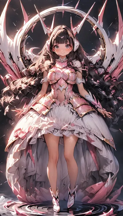 masterpiece, best quality, extremely detailed, high resolution, Japanese anime,1girl, black hair, (medium length hair:1.4), (blunt bangs:1.5), side braid hair, curly hair, wavy hair, drill hair, curl outward hair, (huge breast:1.2), (mechanical horn:1.5), ...