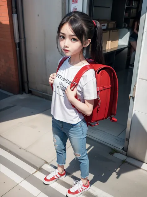 masterpiece, hd, 1girl, 20 y.o, black hair, ponytail, realistic, wear white shirt, denim minipants, wear sneakers, carries rando...