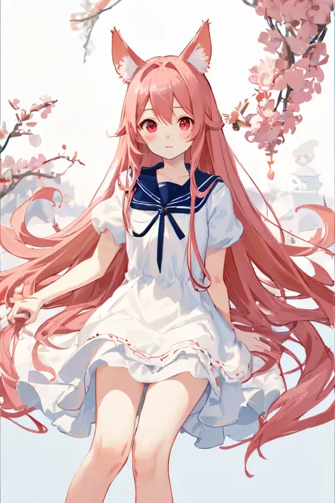 Absurd, One girl, Red eyes, Animal Ears, Long Hair, Pink Hair, Eyes Wide Open, eyelash, View Viewer, twitchemotional expression, Upper Body, Beautiful background, White and navy elegant dress, feet, Little, emotional expression, In-person audience, (:3:1.0...