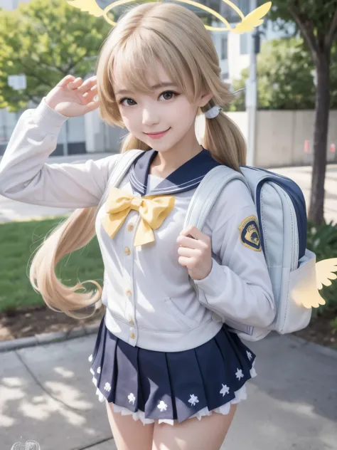 masterpiece, hd,best quality, realistic, cosplayer, 1 girl, hifumidef, halo, blonde hair, holding school backpack , smiling, sta...