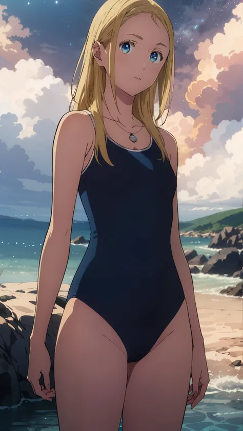 {{kofune ushio}}, {summertime render}, shining sky blue eyes, long blonde hair, 17 years old, medium breasts, blue one-piece swimsuit, bare shoulders, bare legs, school swimsuit,1girl, solo,very aesthetic, best quality, amazing quality, ,curated, illustrat...