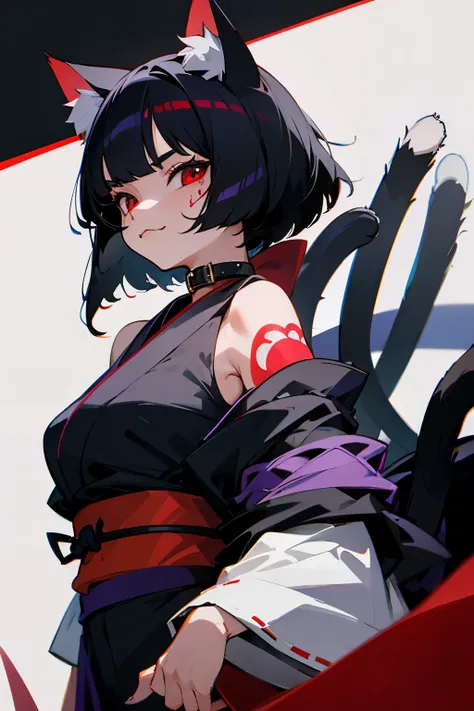 Short black hair, red eyes, cat ears, cat collar, cat tail, strange tattoo on her face, Japanese Komono