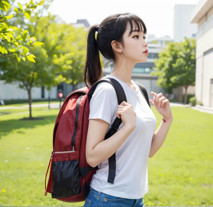 Masterpiece, hd, 1girl, realistic, asian girl, ponytail, black hair, wear white t-shirt, wear denim pants, wearing red backpack, standing, outdoor