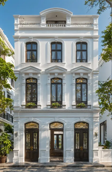 neo classical villa on street, (daylight), tropical tree, vivid colour, streetcapes, white tone, white wall, large glass door, w...