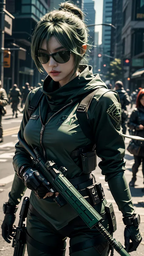 8K, UHD, masterpiece, 1 girl, detailed face, smart face, ((sunglasses)), detailed eyes, sniper rifle in hand, battleroyal, call of duty cosplay, call of duty modern warfare 3, ((ghost tribe)), ((green cosplay:1.5)), belts, gun, methic gun, futuristic art, ...