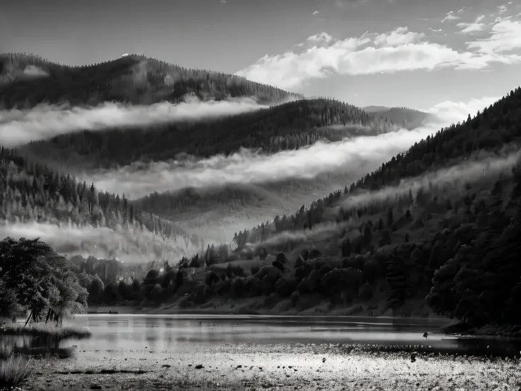 black-and-white photograph, Misty mountains and lake