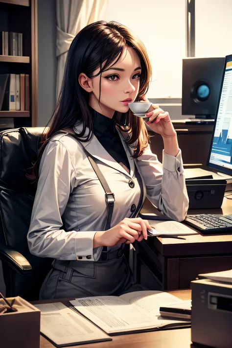 A woman in a professional uniform enjoying a cup of coffee, with a detailed portrait, precise facial features, and expressive eyes and lips. The woman is working in an office setting, surrounded by computers and paperwork. The scene is captured in a photor...