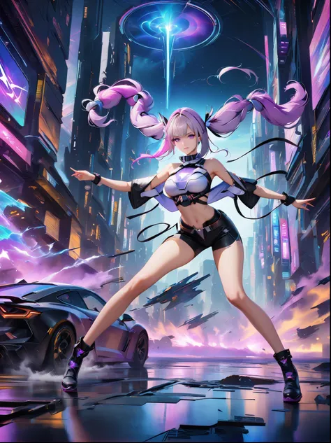 1girl, purple hair, purple eyes, white long hair, double ponytails, gradient hair, brave, white mech suitbreak black mech shorts...