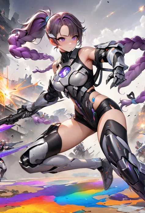 (1boy，futuristic techno mechanical armor，strong body:1.5)，(boy and girl fighting:1.9)，1girl, (purple and white ombre double brai...