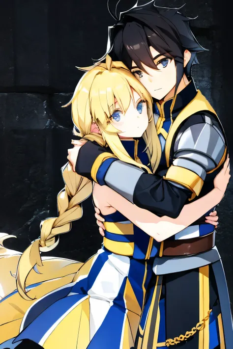 1couple, a hug, 1girl blonde, agrias,1boy black hair, sieghart, sentados na colina olhando para o horizonte