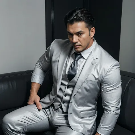 30 years old,daddy,"shiny grey suit ", wear white shirt,  very shiny grey pants, very shiny grey waistcoat, Dad sit down on sofa,k hd,in the office,"big muscle", gay ,black hair,asia face,masculine,strong man,the boss is,handsome,,leather gloves,lecherous ...