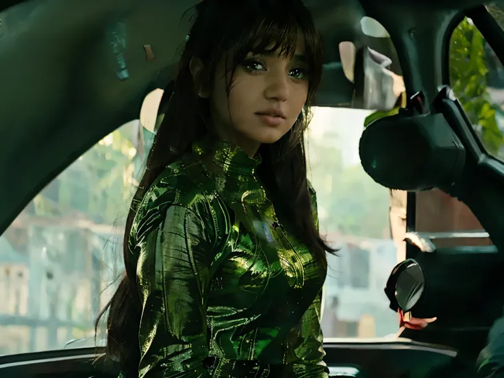 A young Sri Lankan sinhala white girl beautiful 22 years old, wearing a green dress ( characters in story , one by one face )