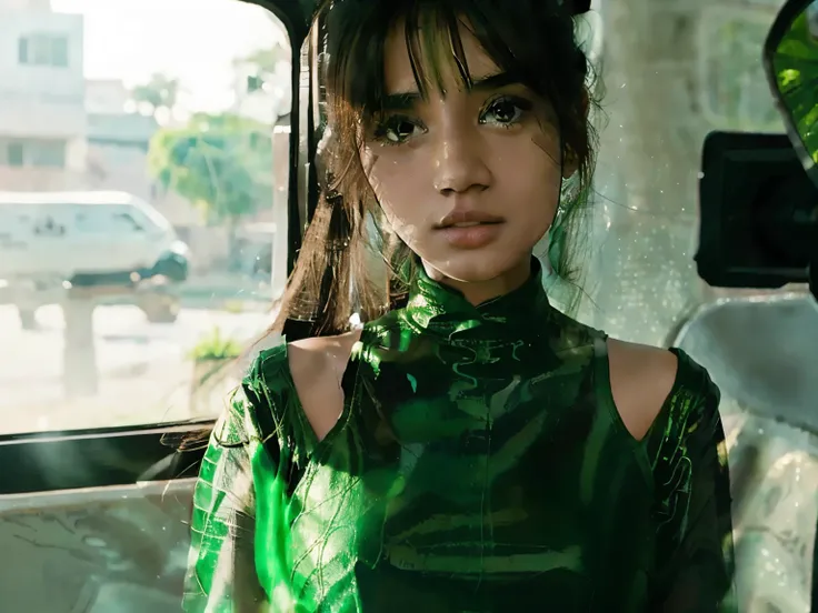 A young Sri Lankan sinhala white girl beautiful 22 years old, wearing a green dress ( characters in story , one by one face )
