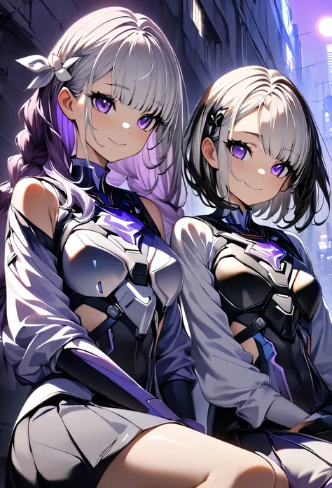 (highest quality:1.2, Very detailed, animeスタイル:1.4, anime, High Contrast, masterpiece:1.2, highest quality, Best aesthetics), Two Girls, Two girls sitting, sit side by side:1.2, (Girl on the right, short hair, White top, Black Breastplate,smile), (The Girl...