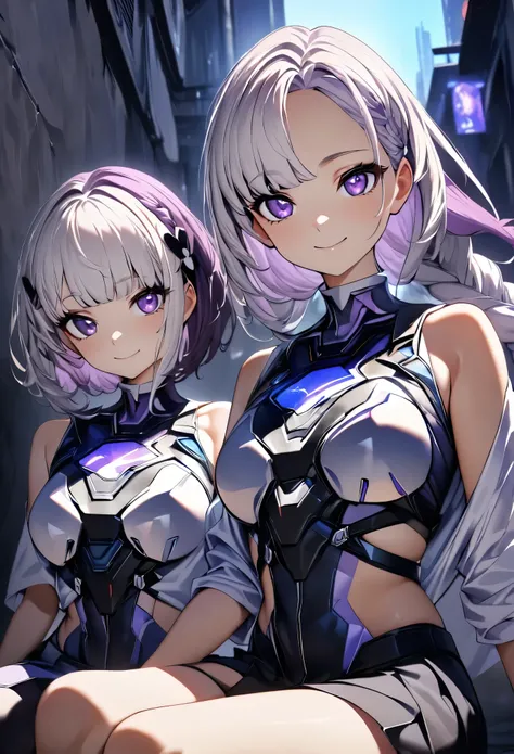 (highest quality:1.2, Very detailed, animeスタイル:1.4, anime, High Contrast, masterpiece:1.2, highest quality, Best aesthetics), Two Girls, Two girls sitting, sit side by side:1.2, (Girl on the right, short hair, White top, Black Breastplate,smile), (The Girl...